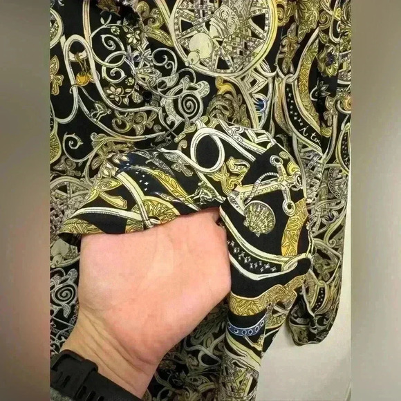 H&M Women Blouse Top Black Gold Floral Geometric Button Collar Long Sleeve US 4 - Picture 7 of 12